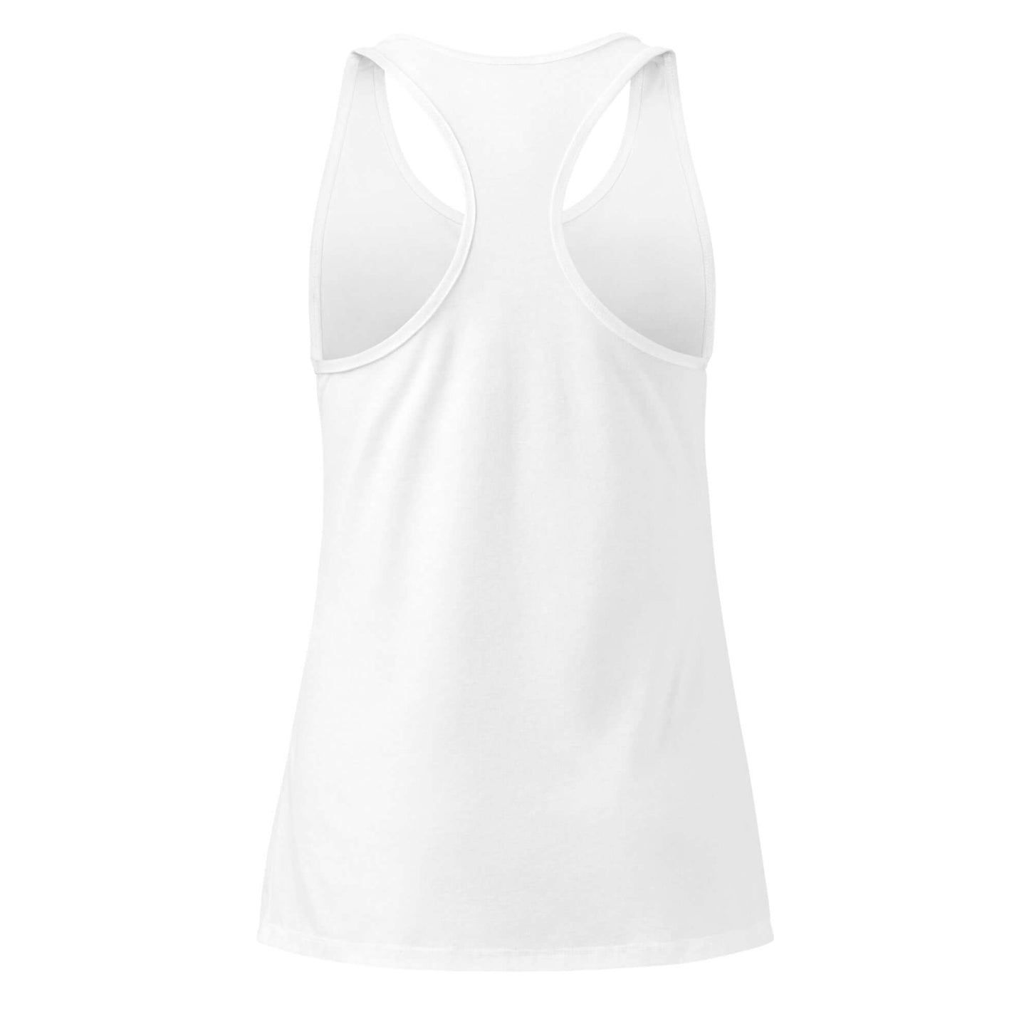 Ideales Racerback-Tanktop für Damen in Weiß, Rückansicht mit dezenten Nähten, elegant und vielseitig für Sport und Freizeit.