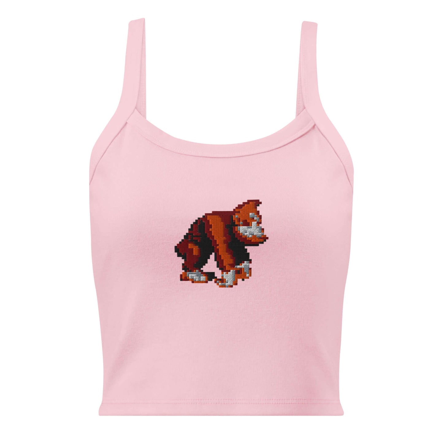 Pink spaghetti strap tank top with pixelated gorilla graphic on front.