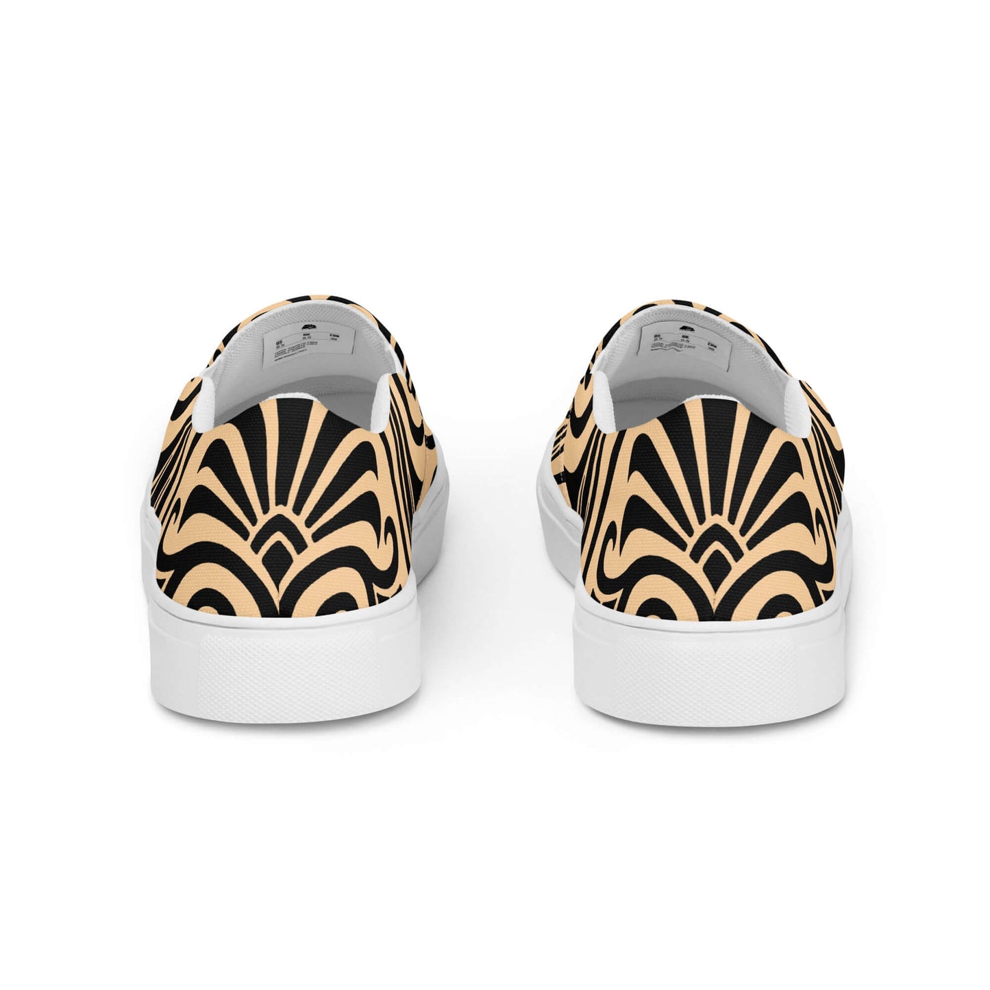 Back view of stylish Damen-Canvas-Slipper N°0 with geometric black and beige design, featuring EVA rubber soles for comfort.
