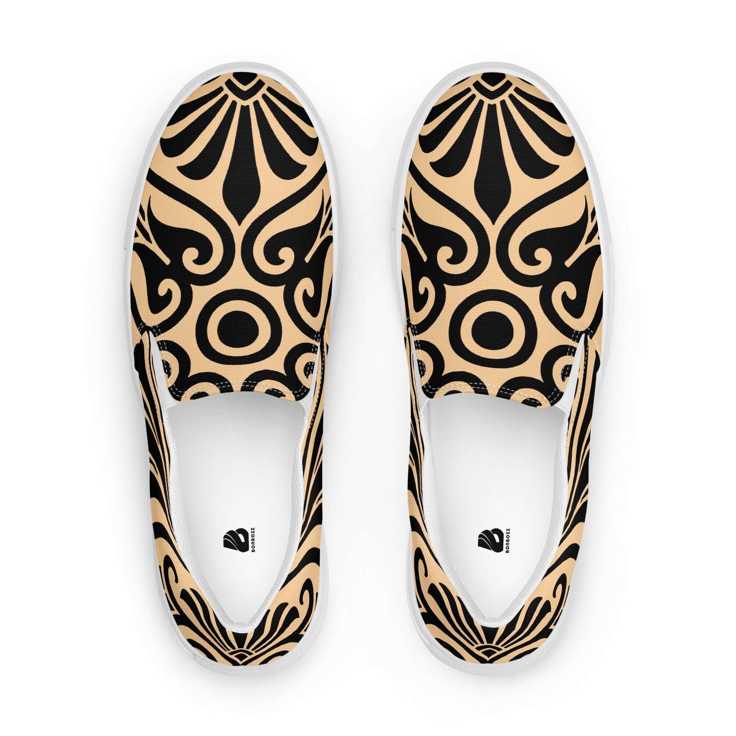 Top view of Damen-Canvas-Slipper N°0 featuring stylish black and beige pattern, ideal slip-on shoe for comfort and style