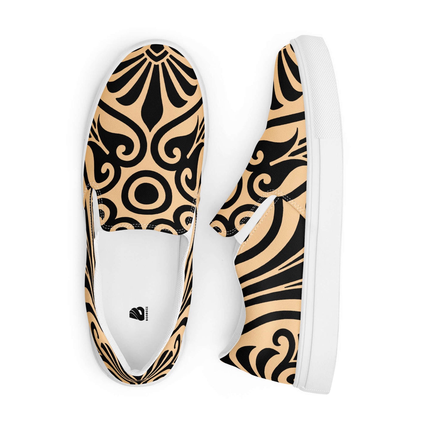 Stylish Damen-Canvas-Slipper N°0 with removable insoles, featuring a black and beige ornate design, ideal for completing outfits.
