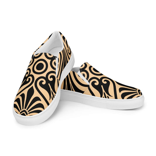 Damen-Canvas-Slipper N°0 with stylish black and beige design, featuring removable soft insoles and EVA rubber soles.