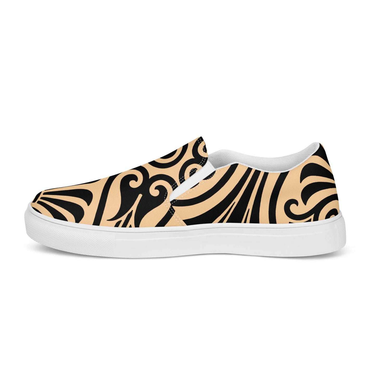 Damen-Canvas-Slipper N°0 with black swirl pattern, lightweight with EVA rubber sole, perfect for style and comfort.