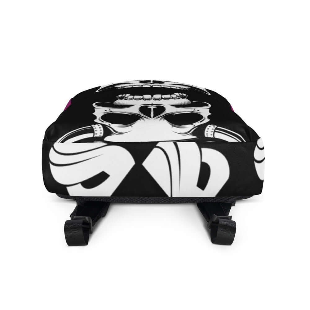 Front view of a black and white graphic backpack featuring a unique skull design, showcasing zippers and adjustable straps.