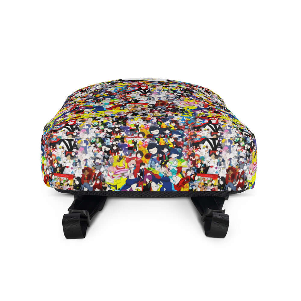Colorful patterned suitcase with wheels, front view