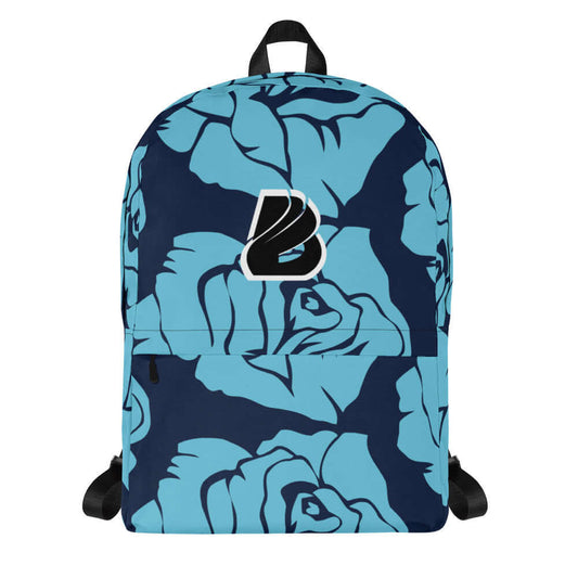 Rucksack N°4 with blue floral design, ideal for daily use and sports; features waterproof polyester and laptop pocket.