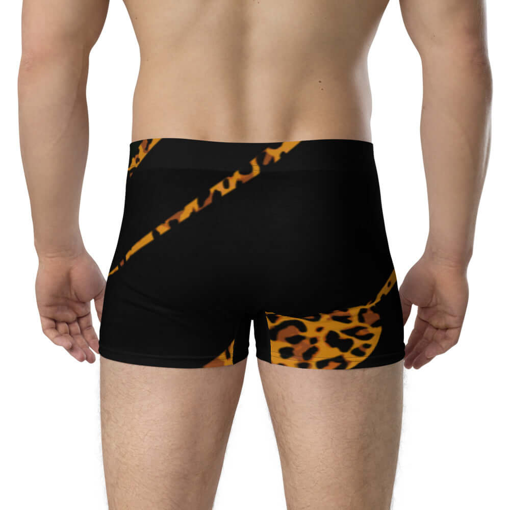 Men wearing Boxer-Briefs N°4 with leopard print design, showcasing seamless back and comfortable mid-waist fit.