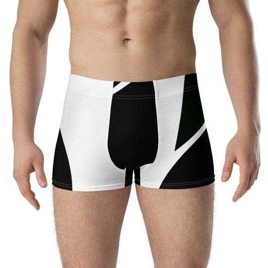 Model wearing Boxer-Briefs N°0 with soft, stretchy fabric for comfort, featuring a lined front pouch and wide elastic waistband.