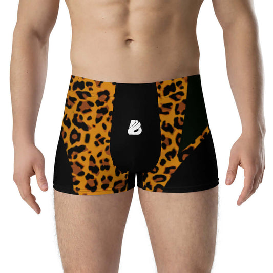 Model wearing Boxer-Briefs N°4 in leopard print with soft, stretchy material and mid-waist fit for all-day comfort