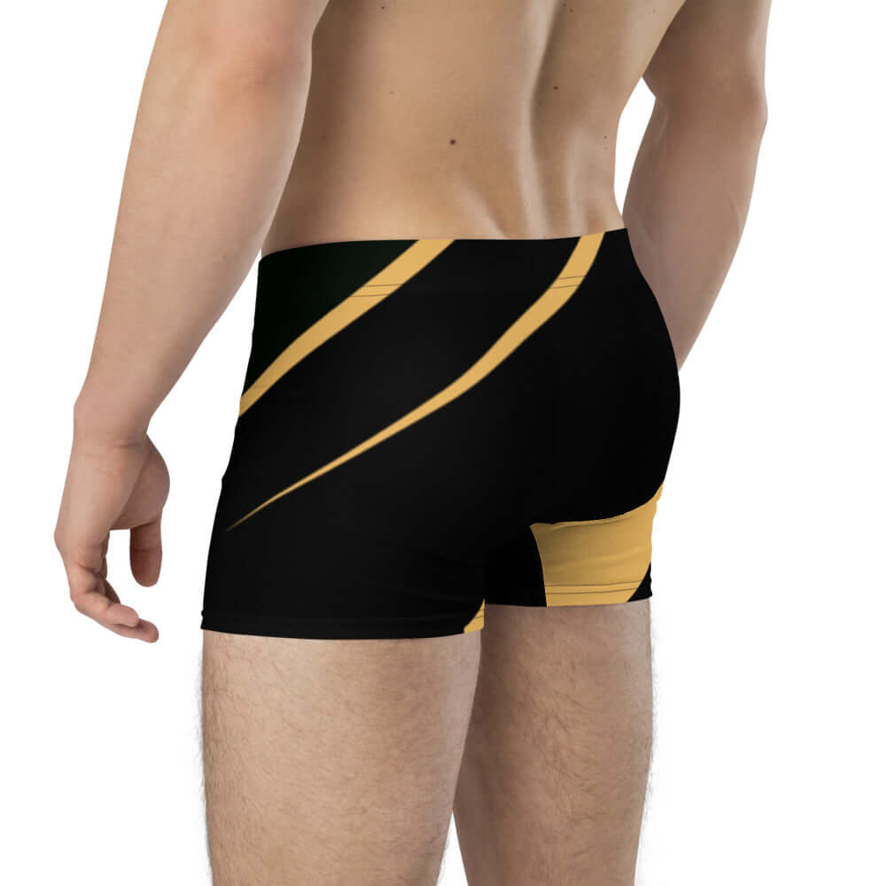 Back view of Boxer-Briefs N°2 in black and yellow design, mid-waist, seamless back, with elastic waistband for comfort.