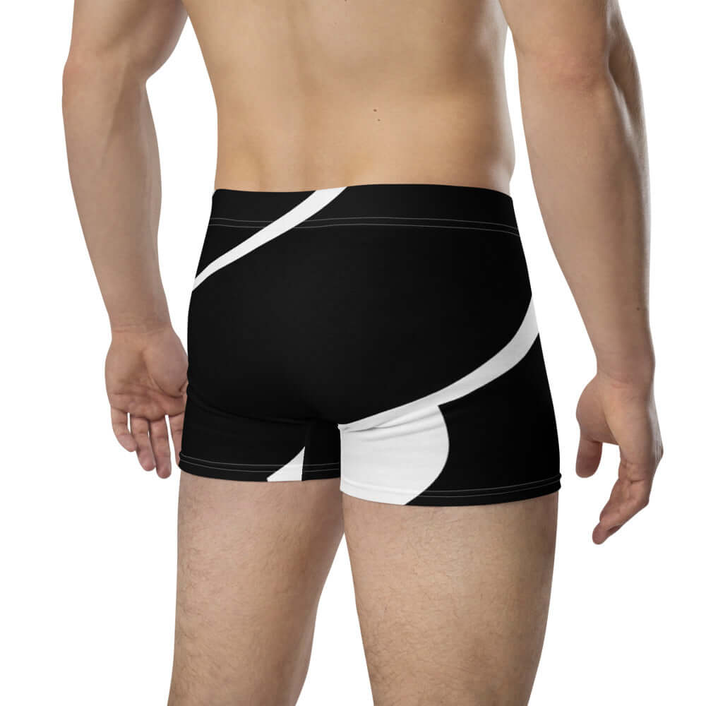 Boxer-Briefs N°0 in black and white, showcasing comfortable, stretchy material with no back seam and a supportive front pouch.