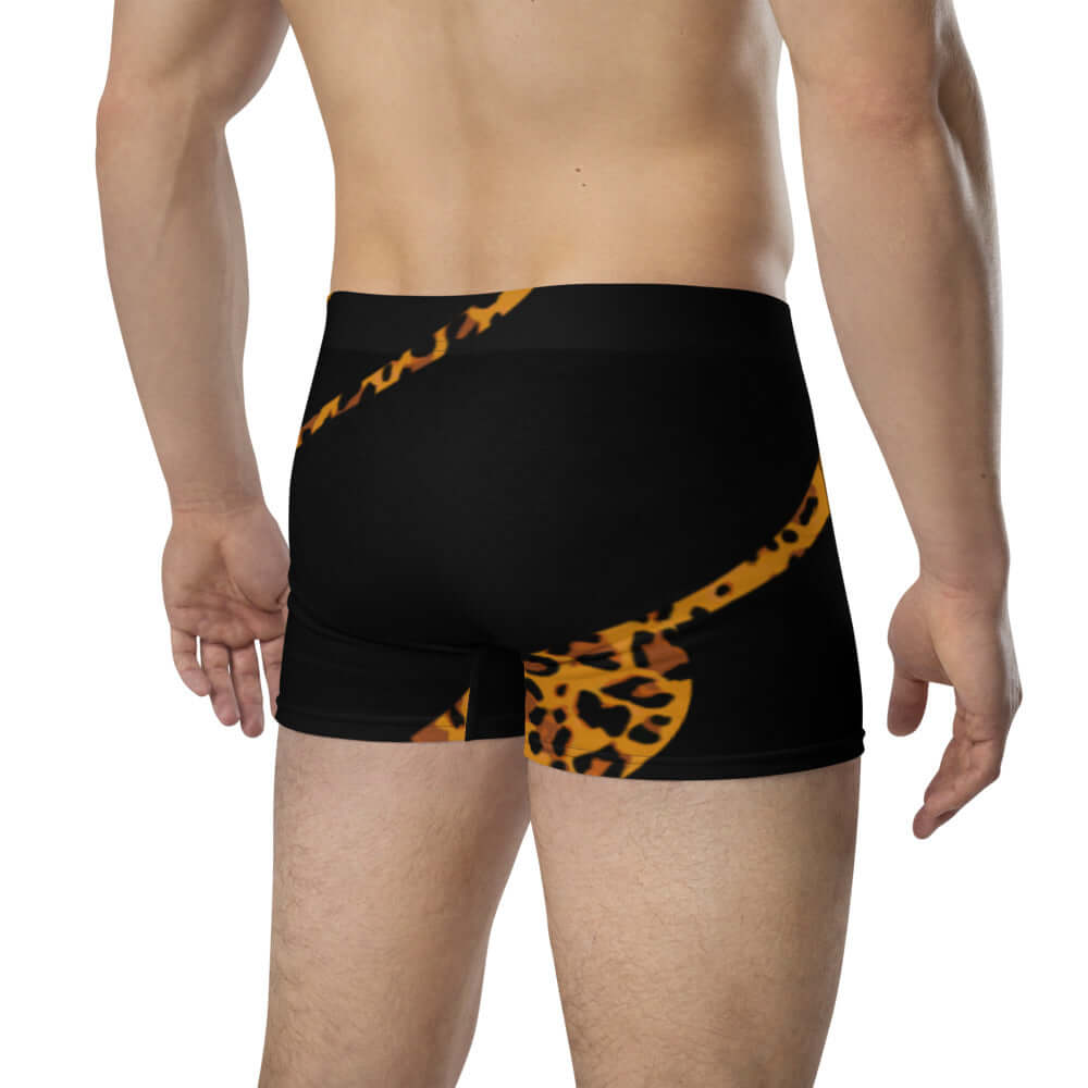 Boxer-Briefs N°4 in black with leopard print, mid-waist, no back seam, elastic waistband, side view.