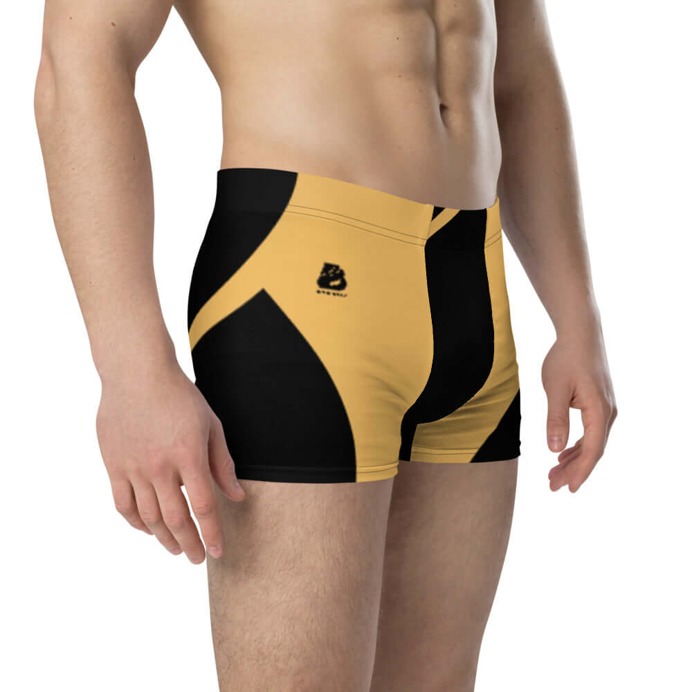 Model wearing Boxer-Briefs N°2 in yellow and black design, featuring mid-waist fit and 4cm elastic waistband for comfort.