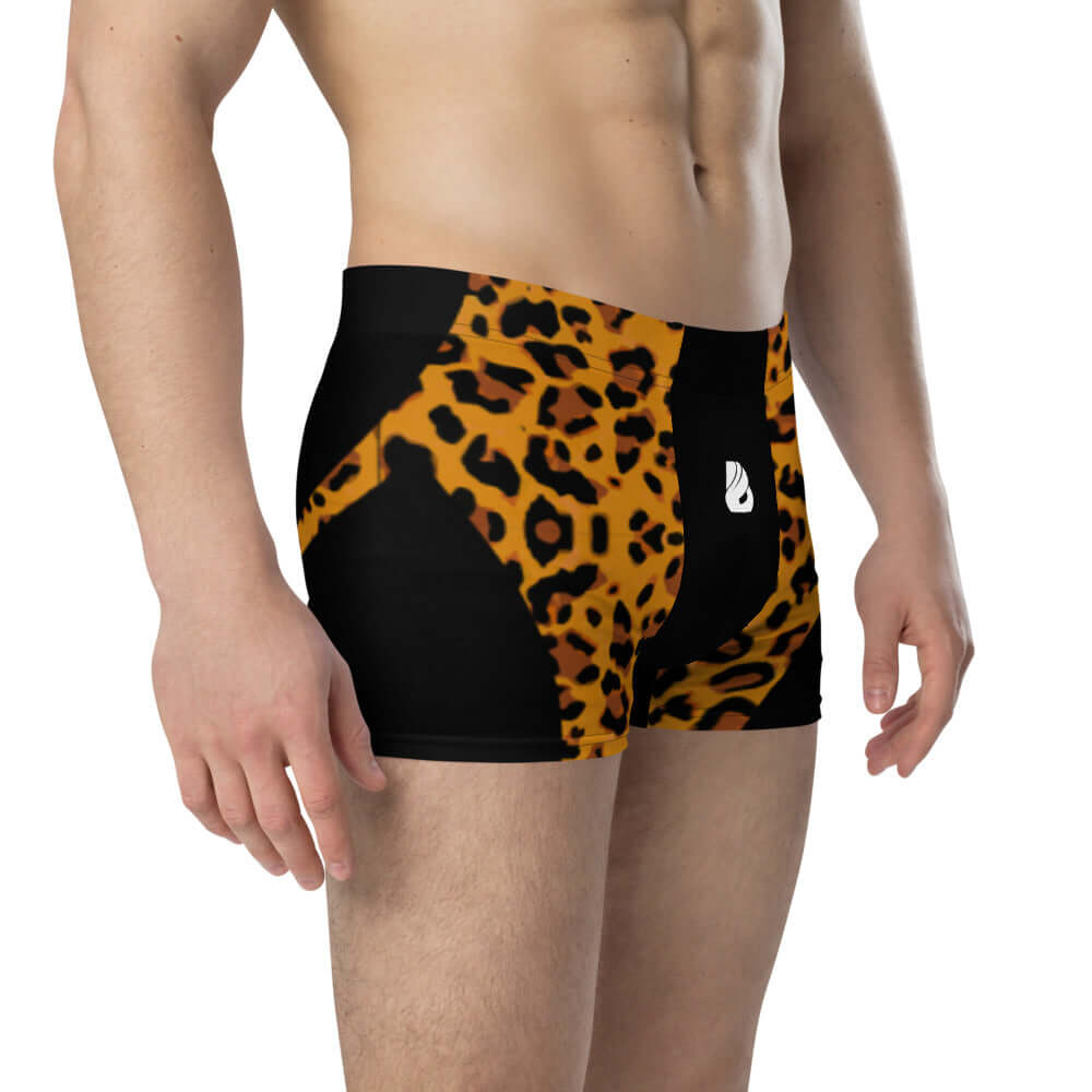 Model wearing Boxer-Briefs N°4 in leopard print design; soft, stretchy fabric for all-day comfort with mid-waist fit.