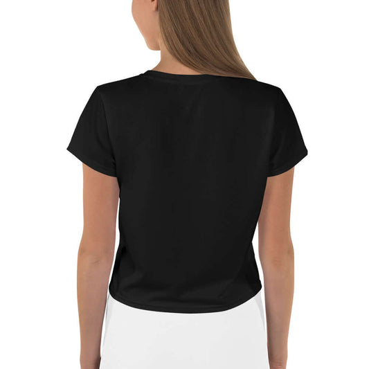 Allover-Crop-T-Shirt N°2 in black, rear view, featuring four-way stretch fabric for ultimate comfort and style.