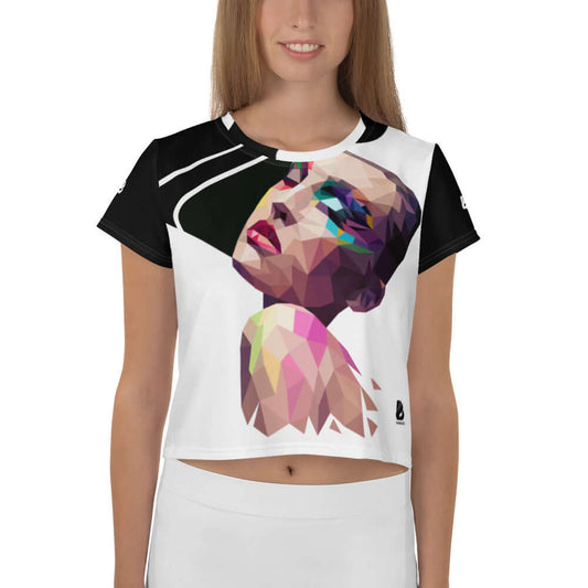 Woman wearing Allover-Crop-T-Shirt N°3 with colorful geometric face design.