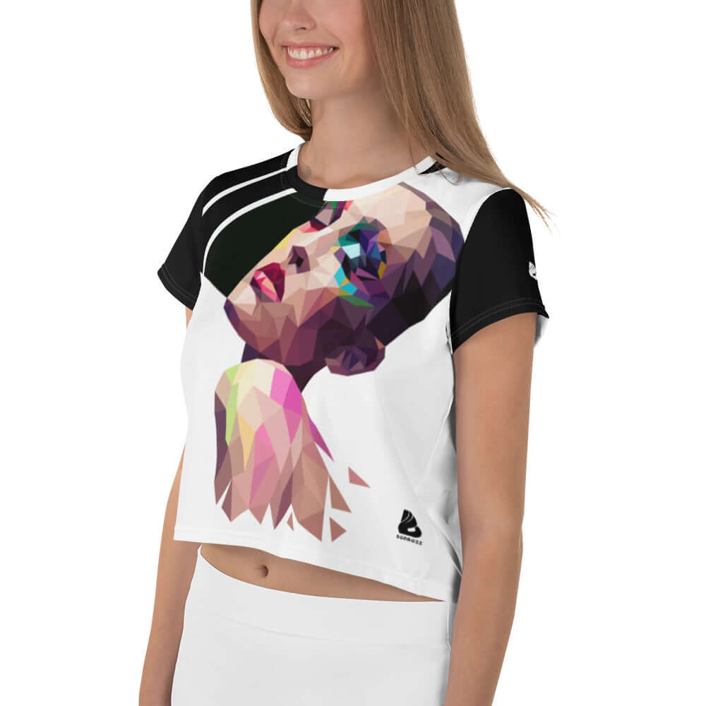 Woman wearing Allover-Crop-T-Shirt N°3 with colorful graphic design and four-way stretch fabric.
