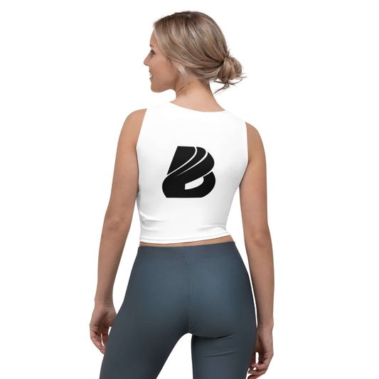 Woman wearing Crop-Top N°0, white with black logo, stylish and comfortable. Perfect fit for a figure-flattering look.
