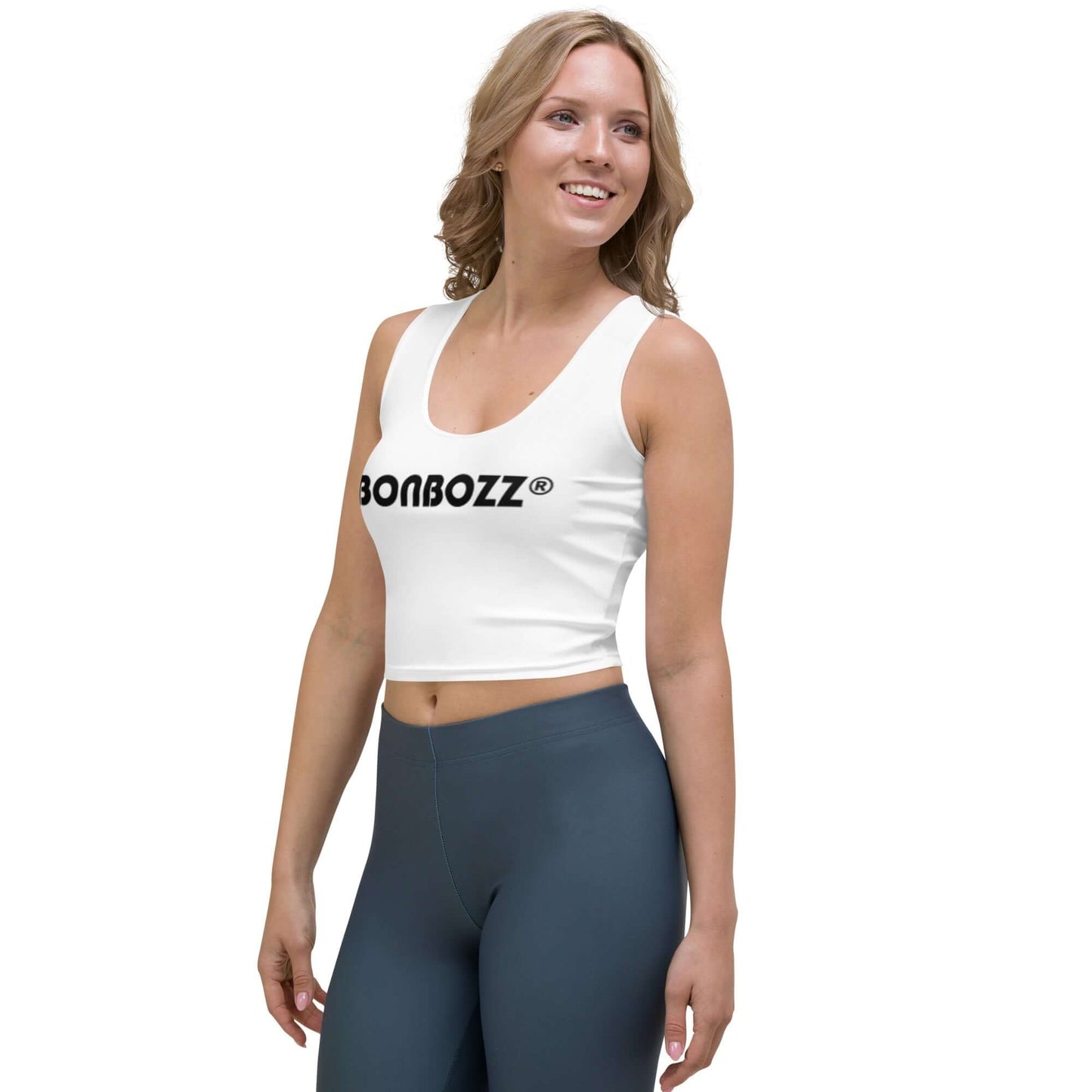 Woman wearing Crop-Top N°0, a stylish printed crop top made of polyester and elastane, offering a comfortable four-way stretch.
