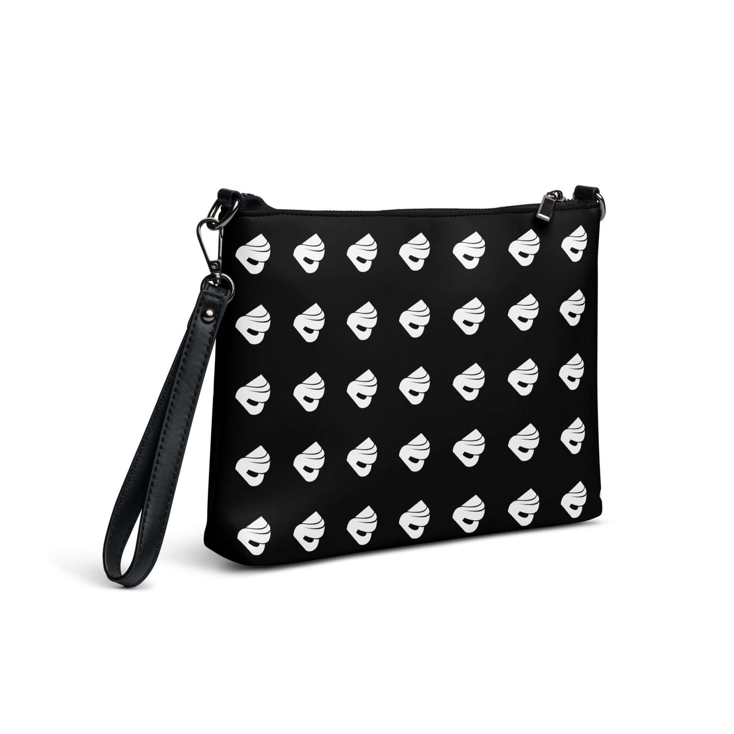 Umhängetasche N°0 with black and white pattern, featuring a wristlet and shoulder strap for versatile use, made of high-quality faux leather.