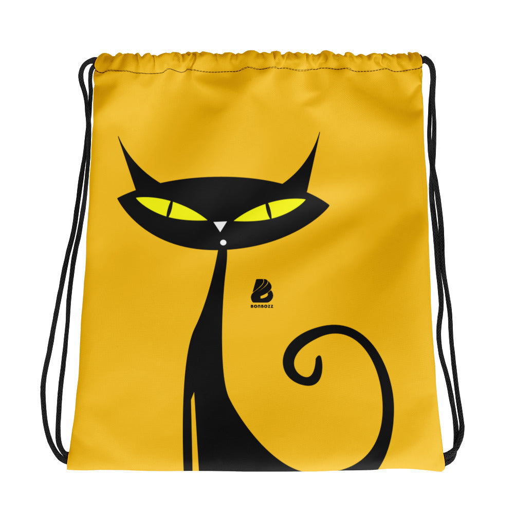 Kordelzug-Beutel N°1 mit stylischem Katzen-Design auf gelbem Hintergrund, ideal für Fitness und Freizeit.
