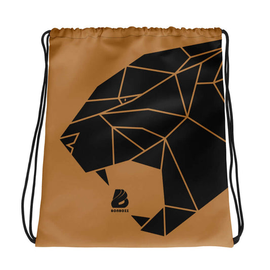 Kordelzug-Beutel N°2 mit geometrischem Löwenmotiv, sportlicher Rucksack mit Kordelzugverschluss und kontrastierenden Schultergurten.