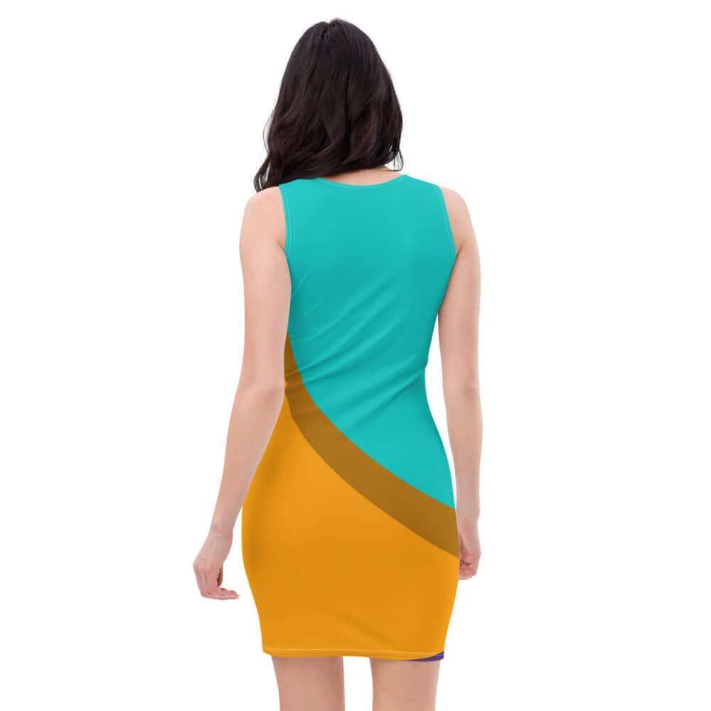 Model wearing Sublimation-Cut-&-Sew-Kleid N°1 with colorful design, showcasing stretch fabric and comfort.