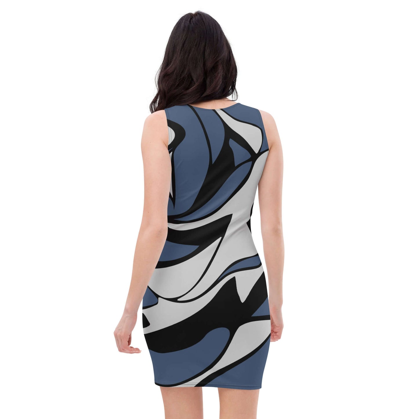 Sublimation-Cut-&-Sew-Kleid N°4, eng anliegendes Design, feminines komplett bedrucktes Kleid mit abstrakten Mustern, komfortabler Vier-Wege-Stretch