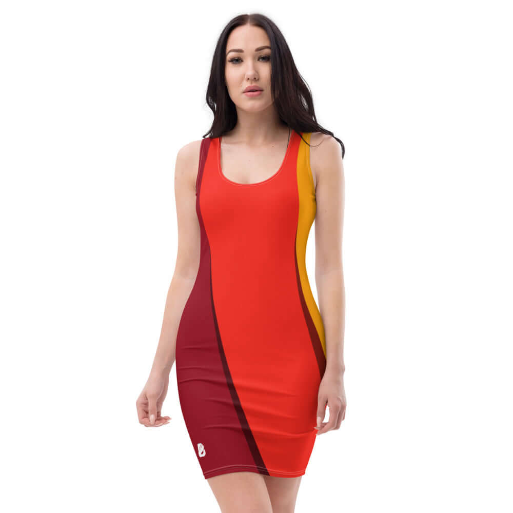 Sublimation-Cut-&-Sew-Kleid N°1, eng anliegendes Kleid mit komplettem Druck, rotes und gelbes Design, komfortabler Vier-Wege-Stretchstoff.