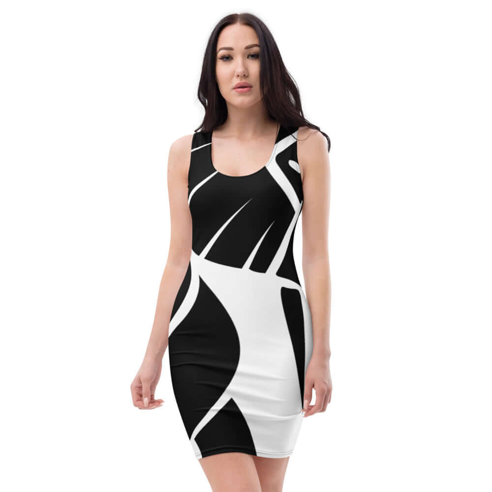 Woman wearing Sublimation-Cut-&-Sew-Kleid N°2, a stylish black and white fitted dress with four-way stretch fabric, front view.
