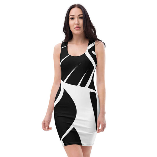 Woman wearing Sublimation-Cut-&-Sew-Kleid N°2, a stylish black and white fitted dress with four-way stretch fabric, front view.