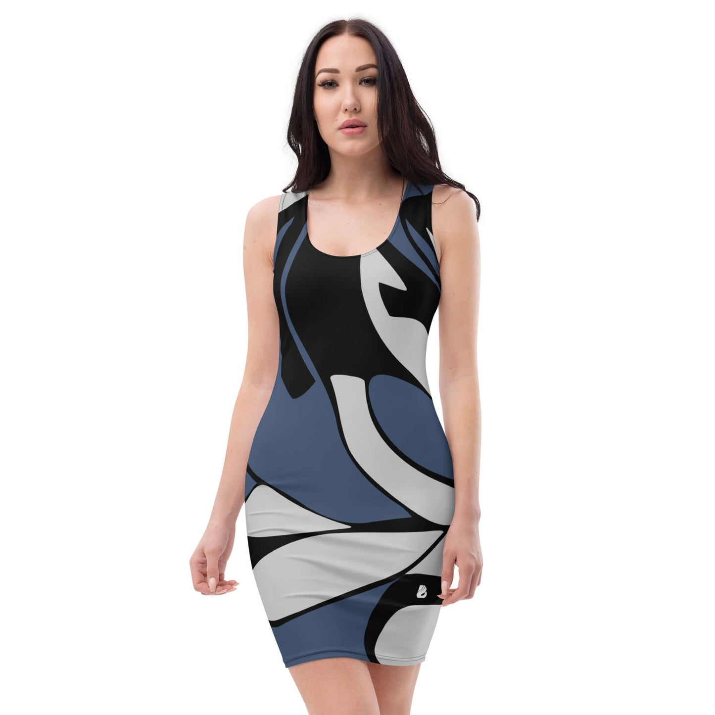 Woman wearing Sublimation-Cut-&-Sew-Kleid N°4, a form-fitting dress with abstract print, made from polyester and elastane.