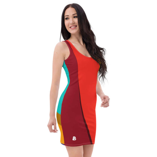 Woman wearing colorful Sublimation-Cut-&-Sew-Kleid N°1, showcasing vibrant design and comfortable four-way stretch fabric.