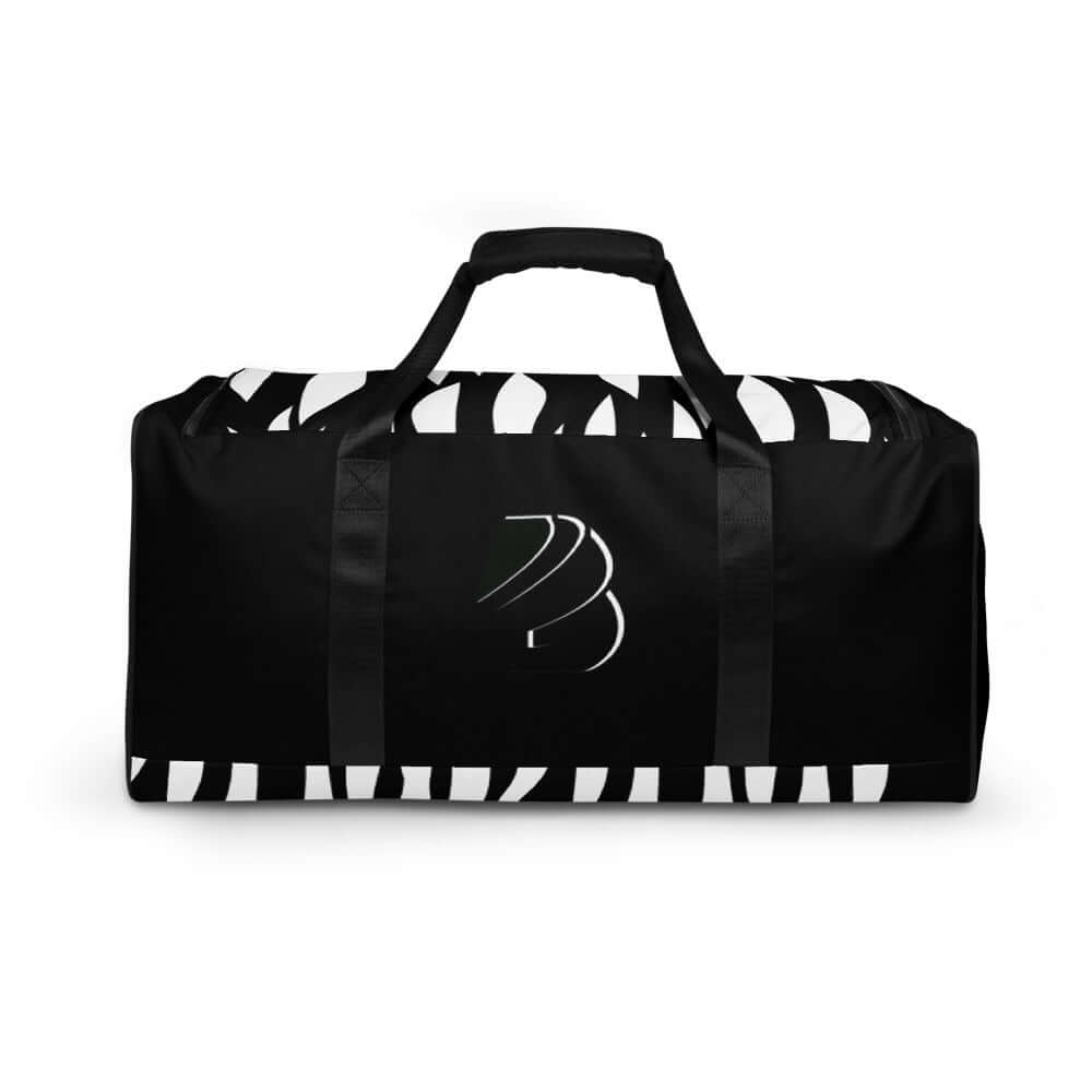 Stylish black and white Weekender N°3 travel bag with zebra pattern, featuring spacious interior and adjustable padded shoulder straps.