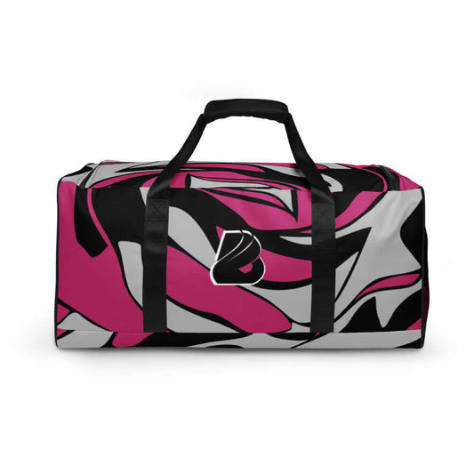 Weekender N°7 stylish travel bag with padded shoulder straps, pink and black abstract design, ideal for gym and travel.