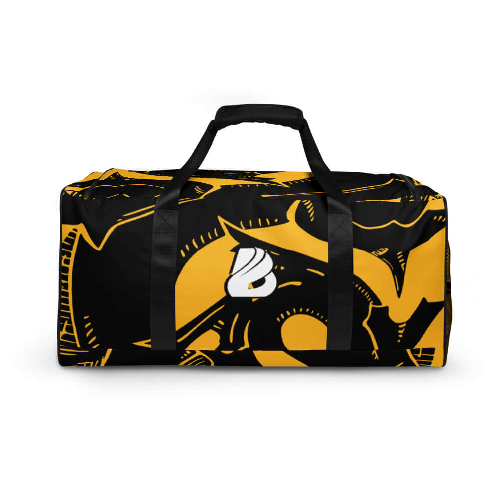 Weekender N°8 black and yellow travel bag ideal for gym, travel, and daily use with ample storage and adjustable shoulder straps.