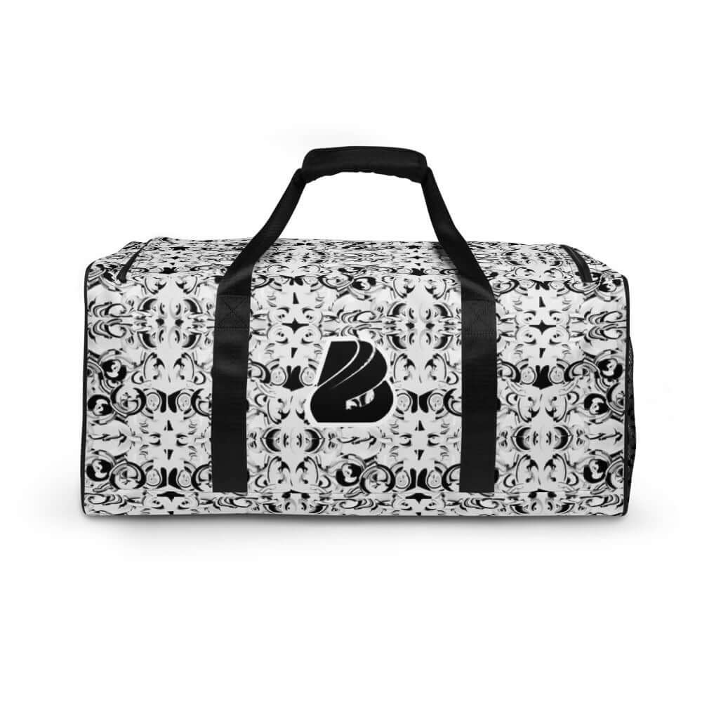 Stylish black and white Weekender N°9 duffel bag with adjustable shoulder straps and zipper pockets.