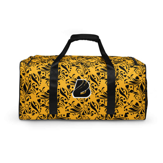 Stylish yellow and black patterned Weekender N°11 travel bag with adjustable shoulder straps, perfect for gym or trips.