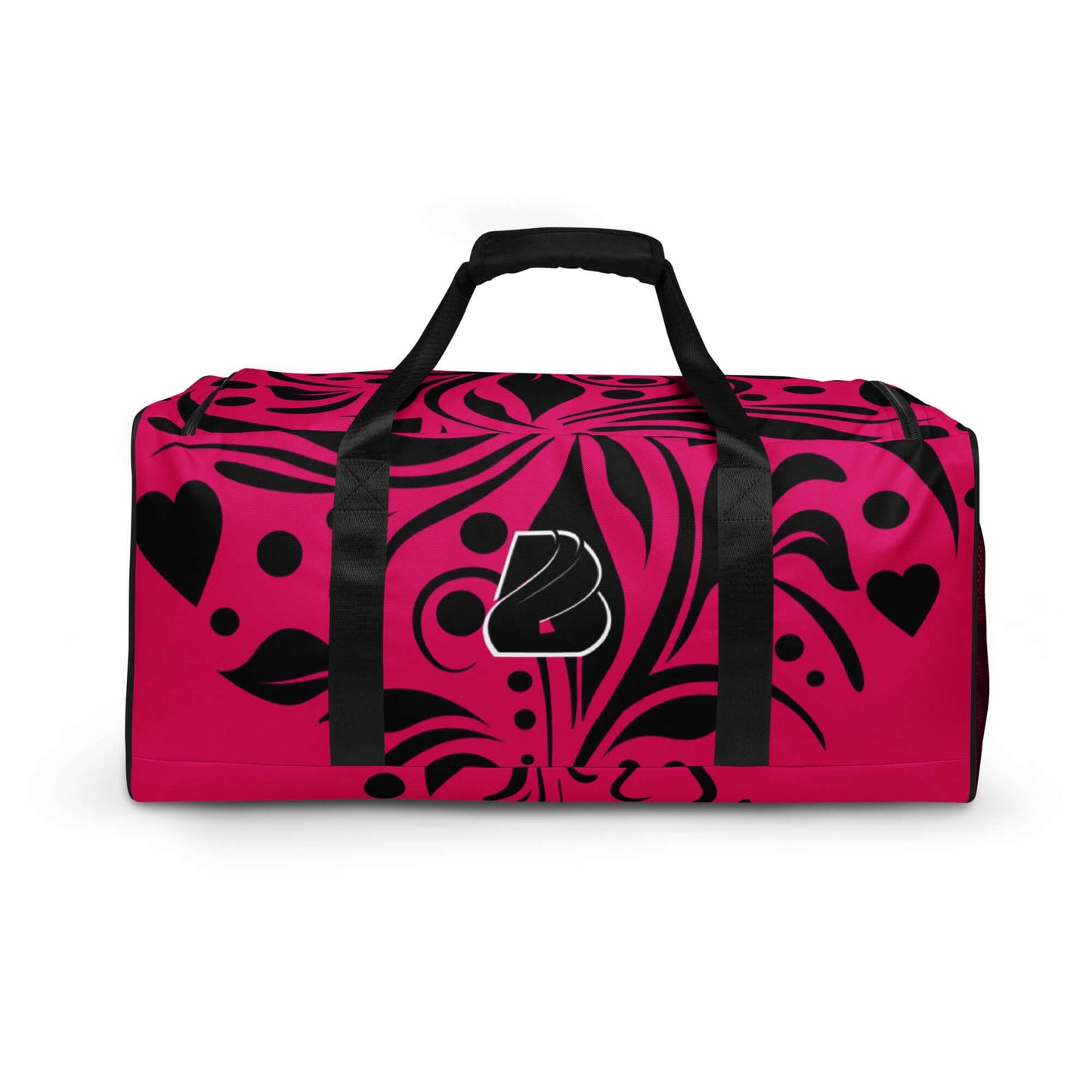 Weekender N°15 stylish pink and black travel bag with adjustable shoulder straps and multiple pockets for convenient organization.