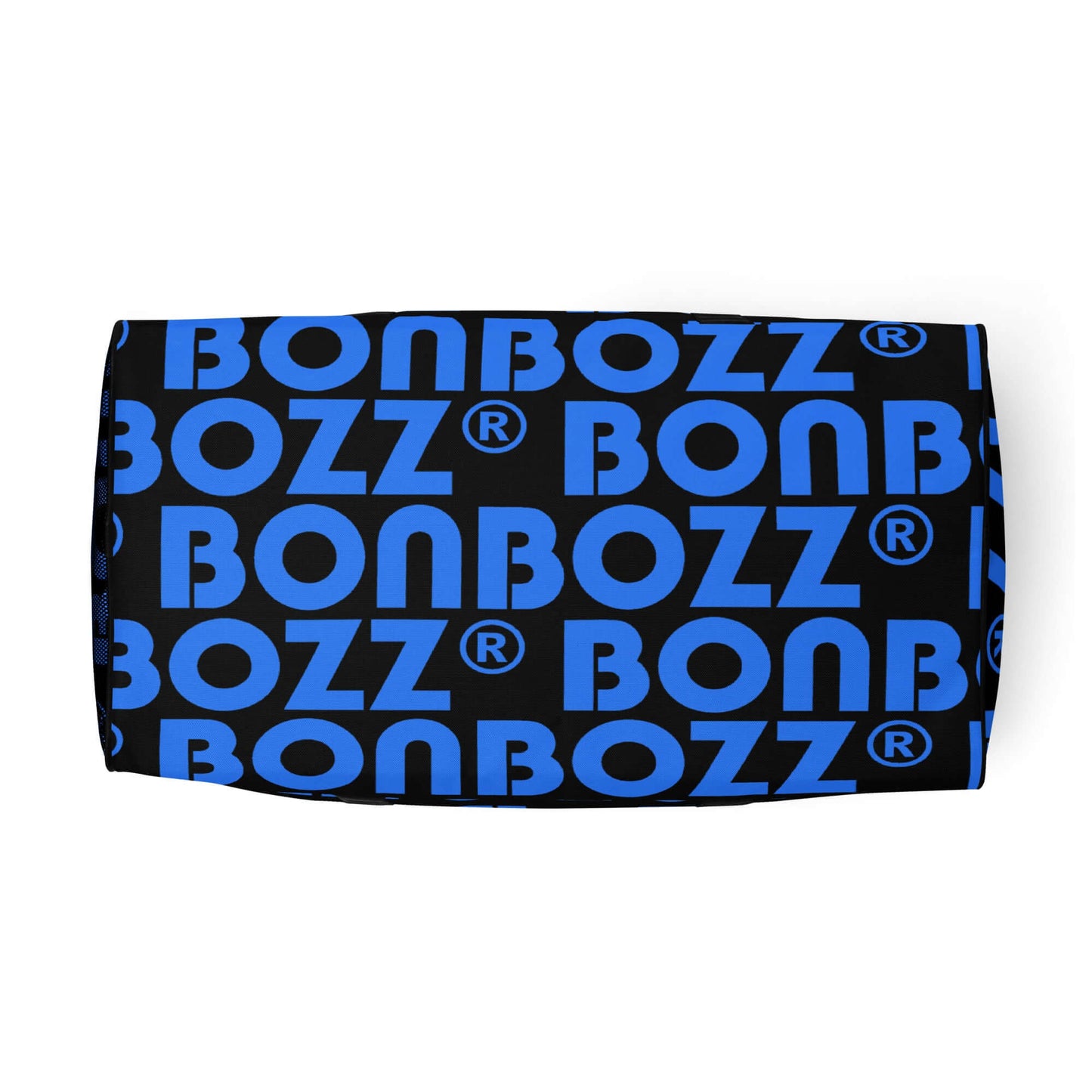 Weekender N°25 bag with black and blue BONBOZZ logo pattern, perfect for travel and everyday errands.