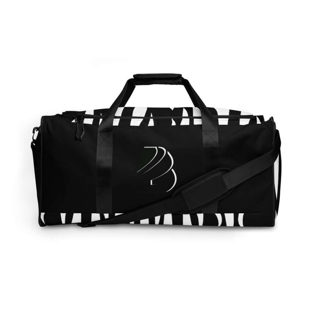 Weekender N°3 bag with black and white design, spacious for travel, gym, daily use, adjustable shoulder straps with zippered pocket for valuables.