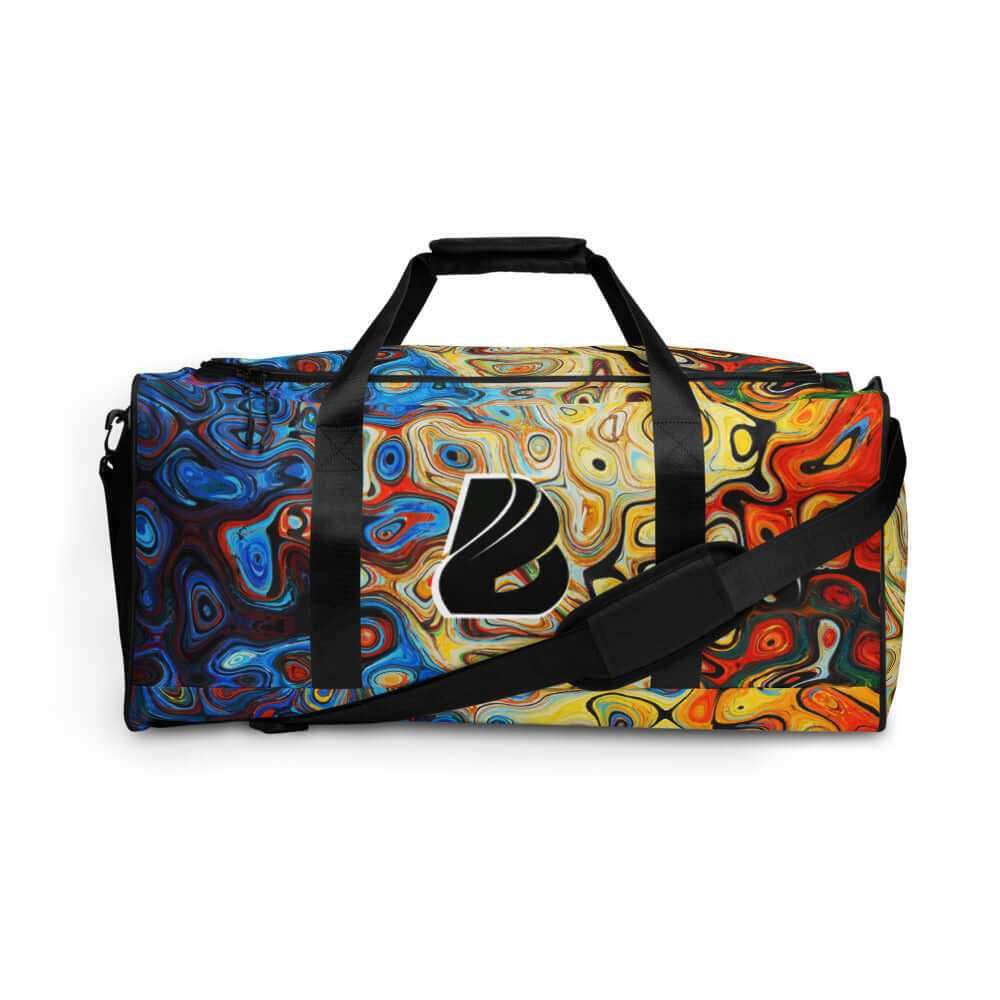 Colorful Weekender N°4 duffle bag with abstract pattern, ideal for travel, daily errands, and gym use with adjustable shoulder straps.