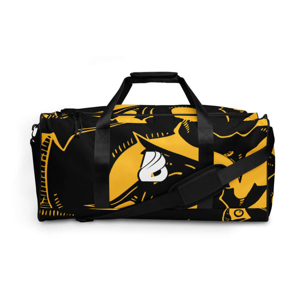 Weekender N°8 black and yellow travel bag with adjustable padded shoulder straps and multiple pockets for convenient storage.