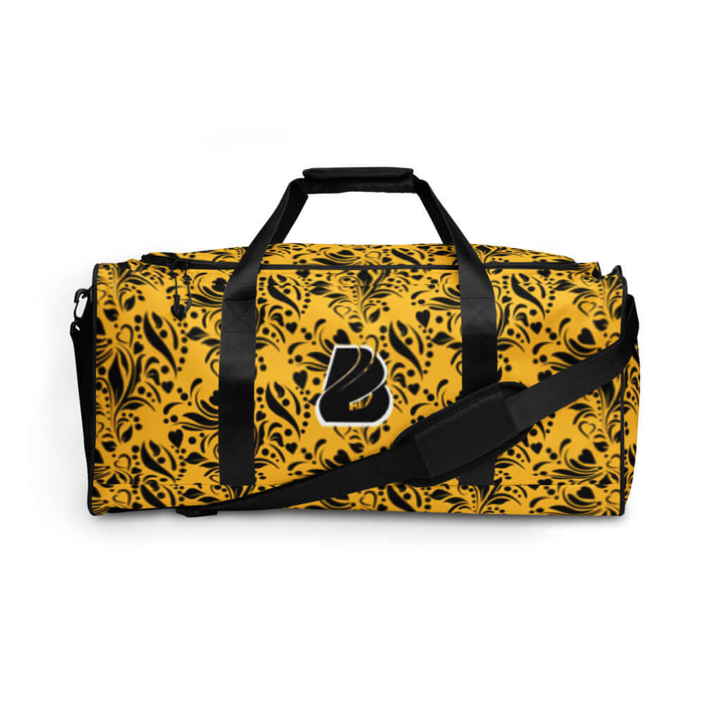 Yellow and black patterned Weekender N°11 travel bag with adjustable shoulder straps and zipper pockets.