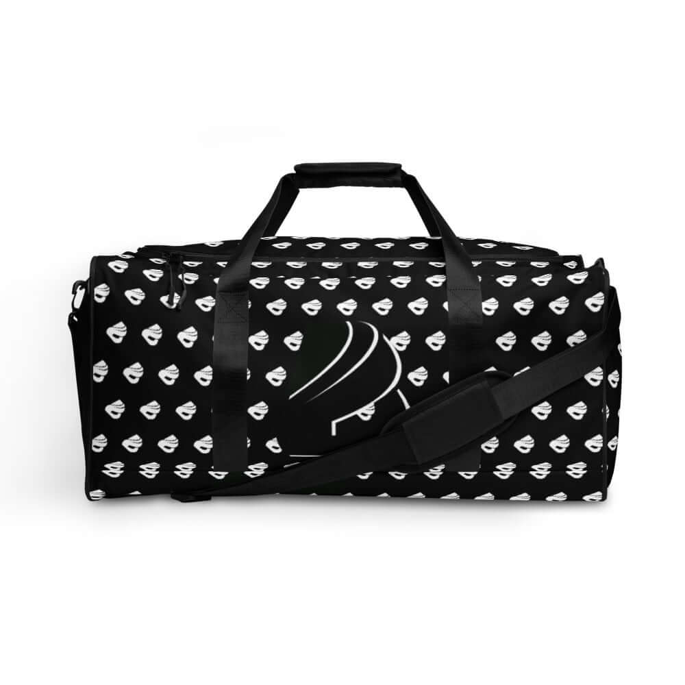 Weekender N°13 black and white duffel bag with adjustable shoulder strap, ideal for travel, gym, and daily use with multiple pockets.
