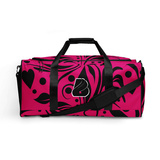 Weekender N°15 pink duffel bag with black abstract design, ideal for travel, daily errands, gym with adjustable padded shoulder straps.