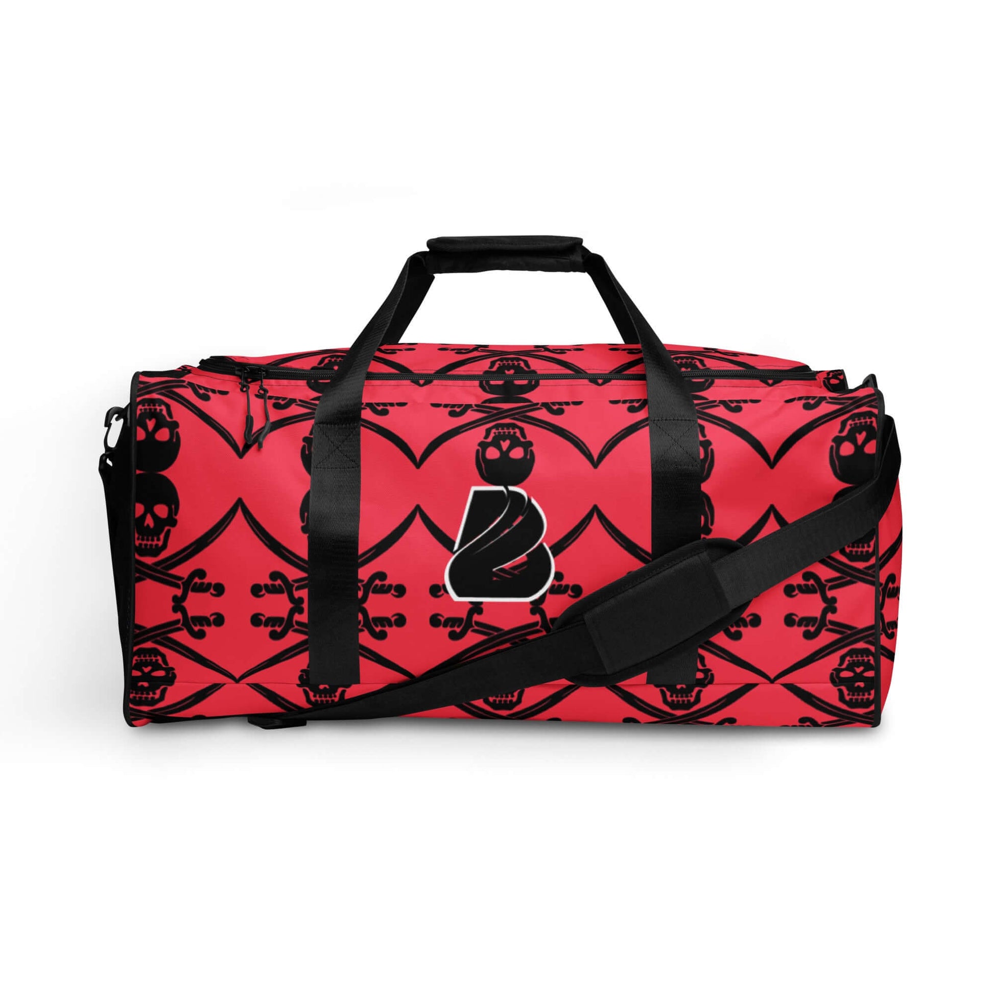 Weekender N°16 in red with black skull pattern, perfect for travel, gym, and daily errands, features adjustable padded shoulder straps.