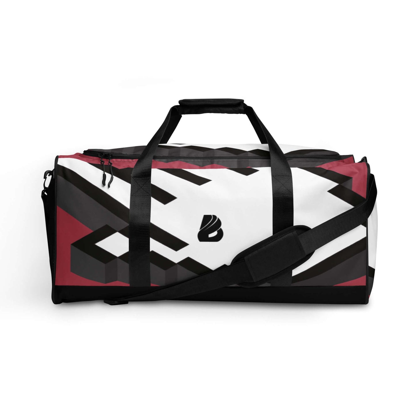 Weekender N°18 travel bag with geometric pattern, featuring adjustable padded shoulder straps and multiple pockets for easy organization.