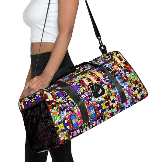 Colorful Weekender N°21 bag used for travel, errands, or gym with adjustable padded shoulder straps and multiple pockets.