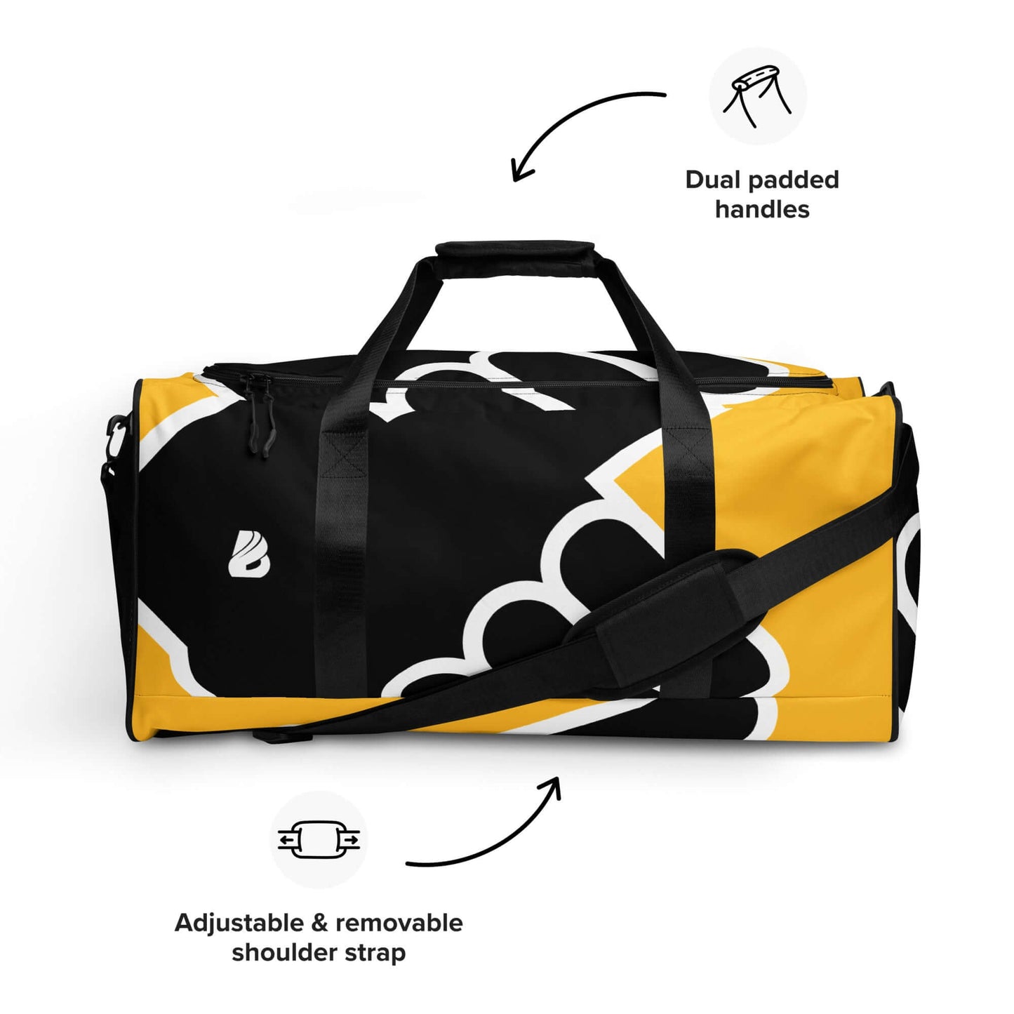 Weekender N°24 in black and yellow with adjustable straps and dual padded handles for travel and daily use.